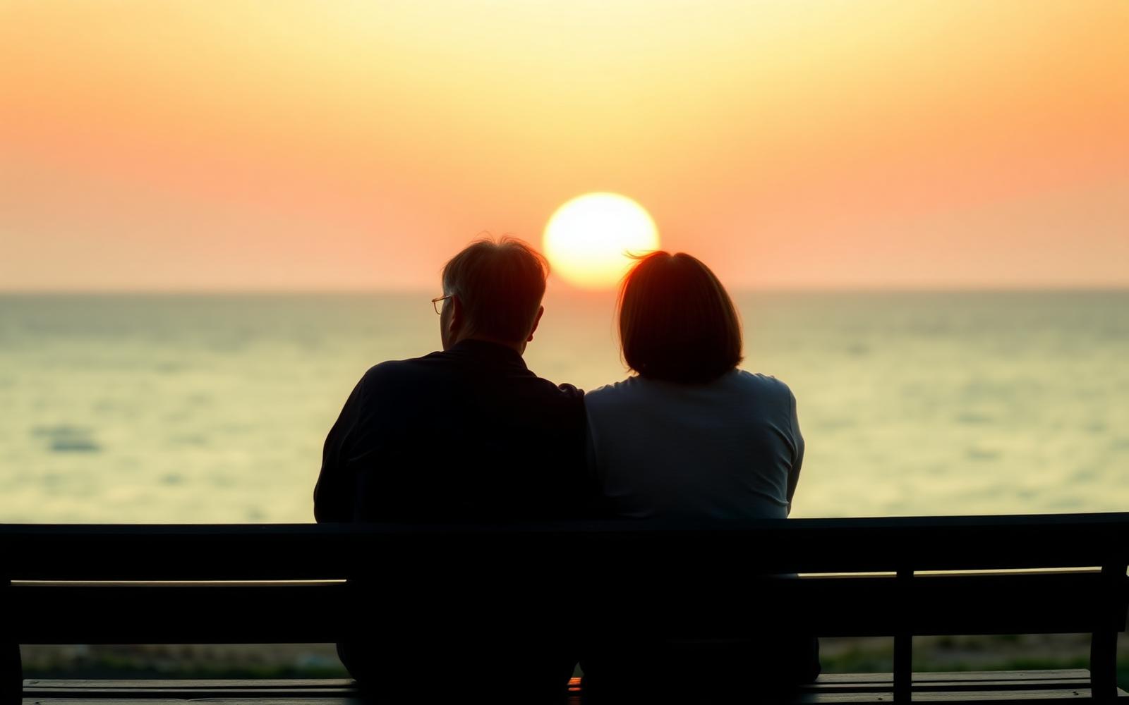 Two people sitting quietly beside each other looking out at a sunrise.